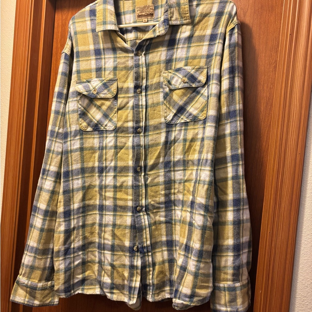 Yellow and Blue Plaid Button-Up Flannel Shirt